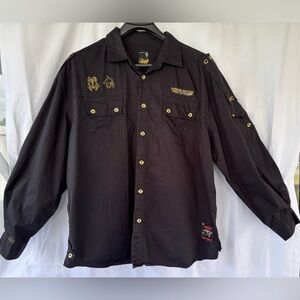 Men's Black Button Down Shirt with Gold Details